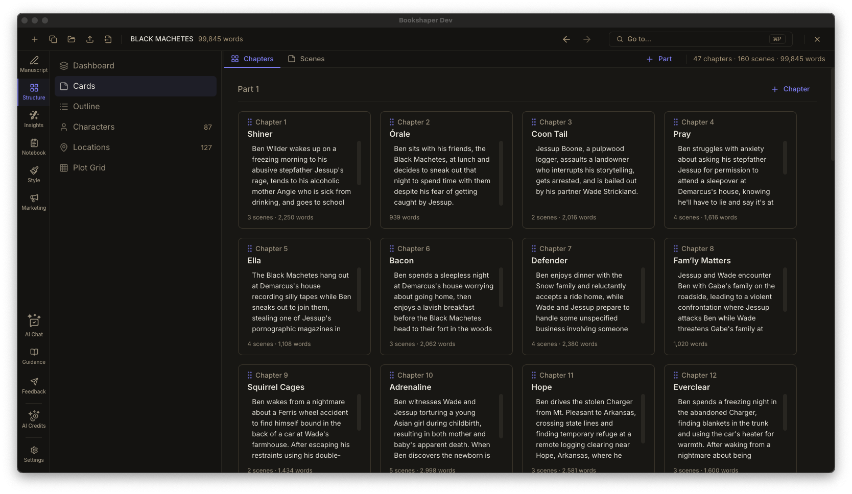 Card view with drag-and-drop scene cards grouped by chapter