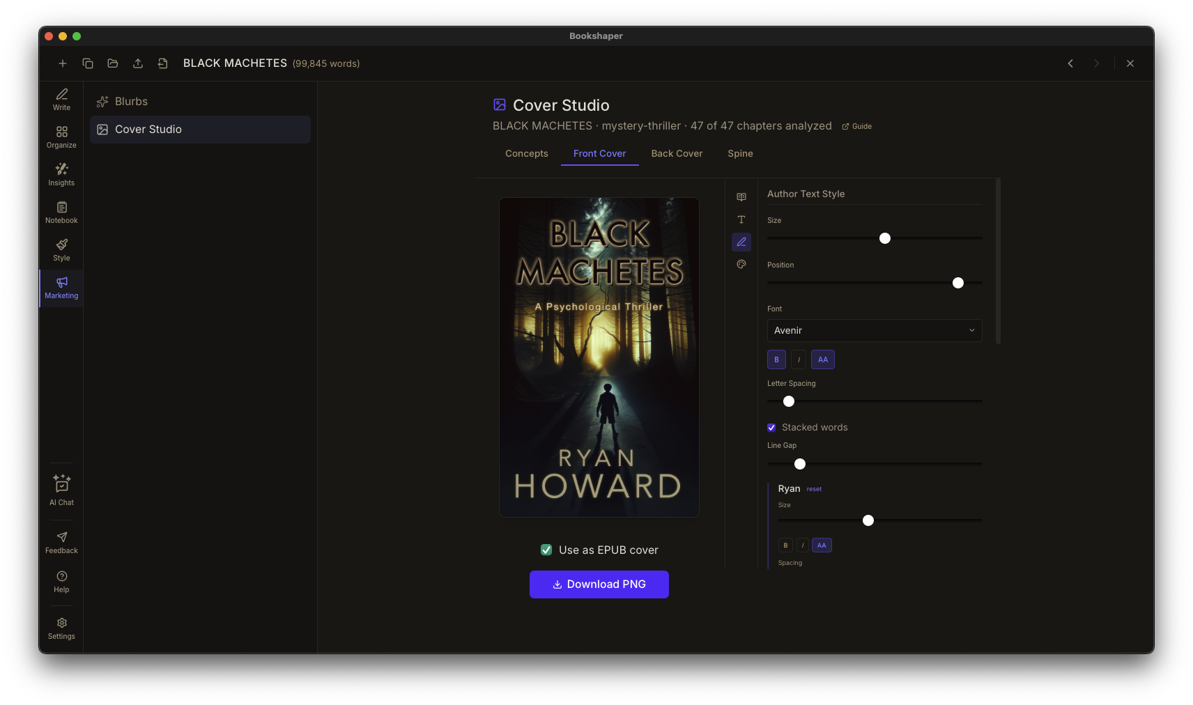 Cover Studio showing front cover design with text styling controls and live preview