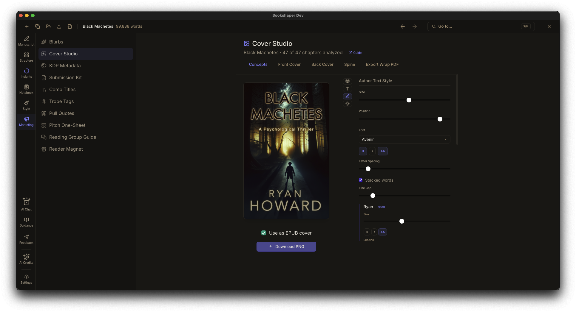 Cover Studio showing front cover design with text styling controls and live preview