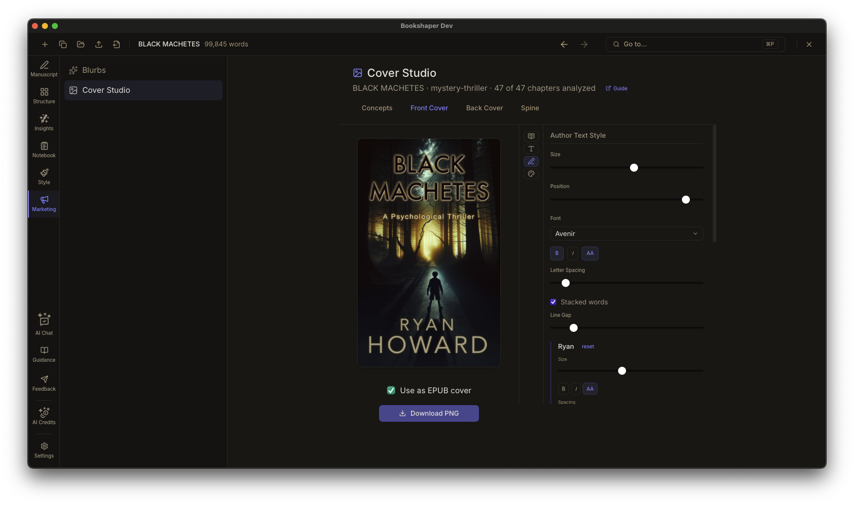 Cover Studio showing front cover design with text styling controls and live preview
