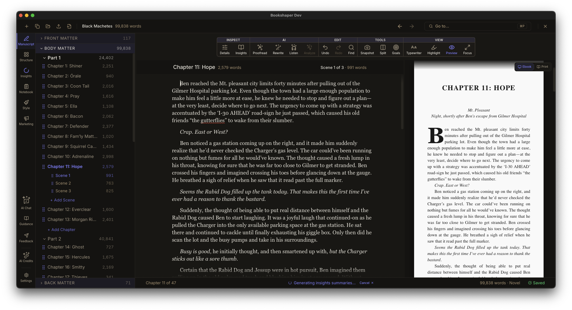 Bookshaper desktop application showing the writing editor, scene sidebar, and manuscript preview