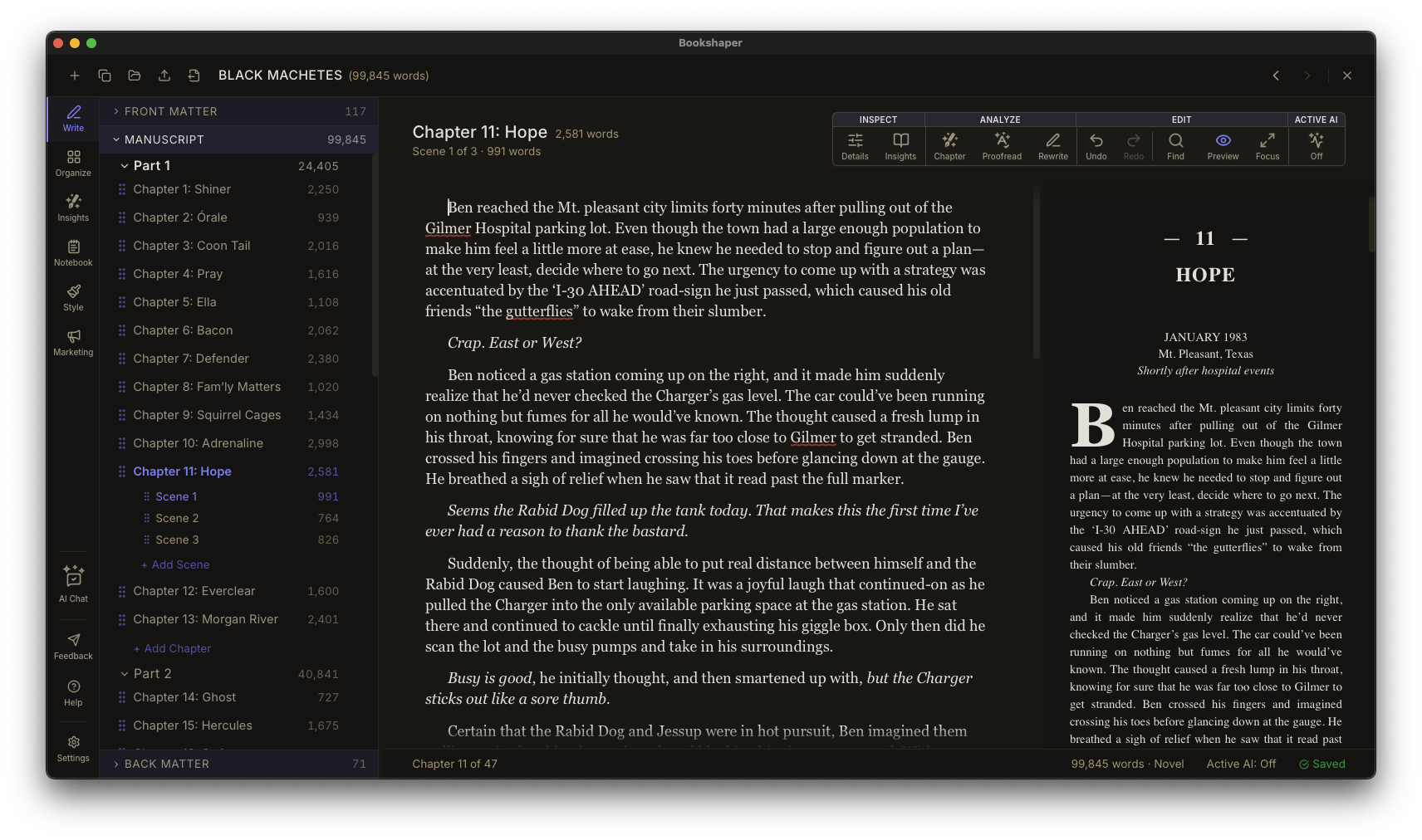 Bookshaper desktop application showing the writing editor, scene sidebar, and manuscript preview