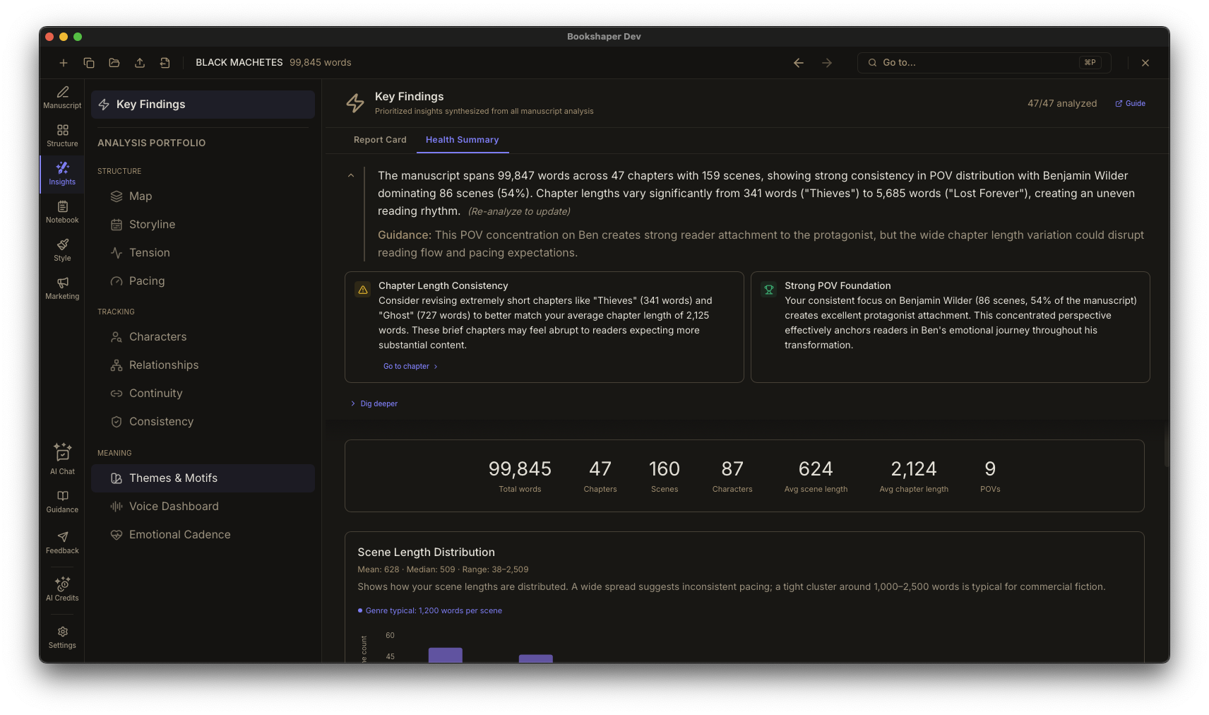 Interactive health summary with manuscript stats, word count charts, and pacing evidence