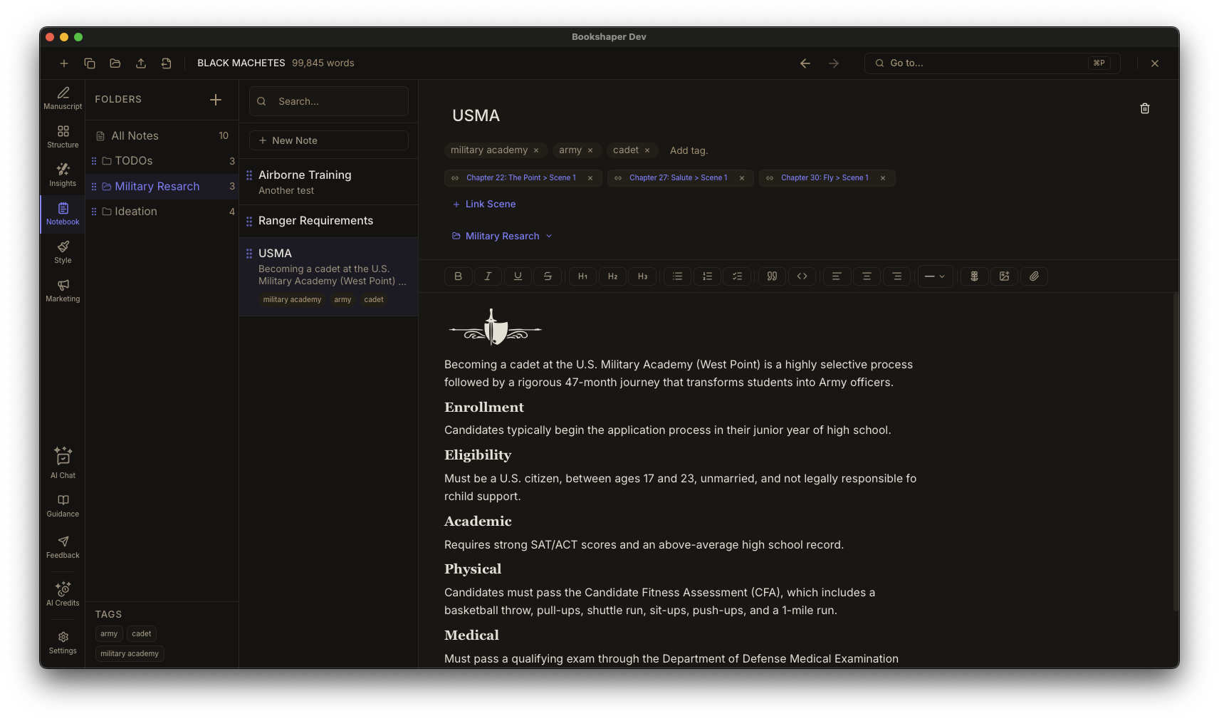 Research notebook with folders, tags, and scene-linked notes