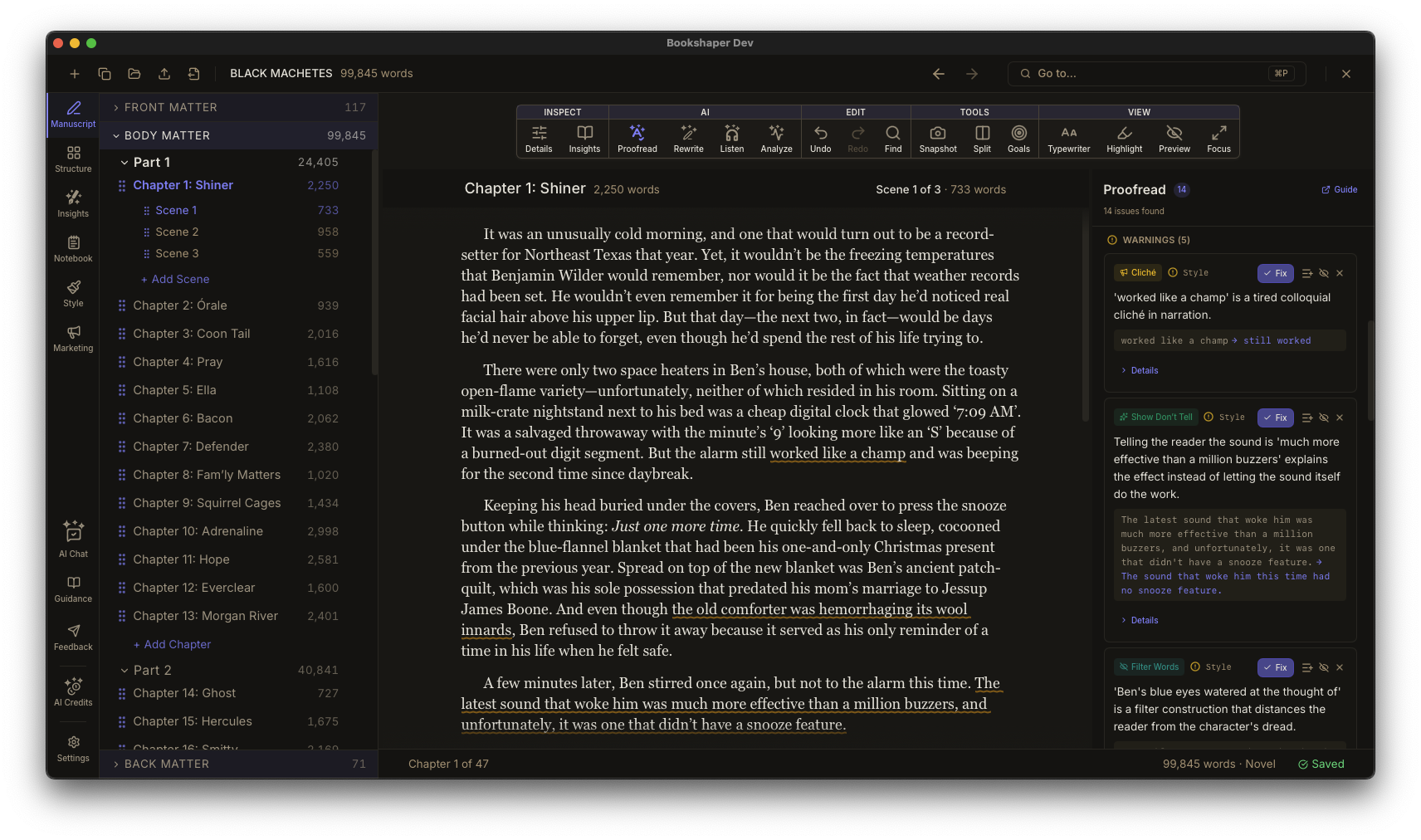 Proofread panel showing grammar, style, and spelling issues with inline wavy underlines in the editor