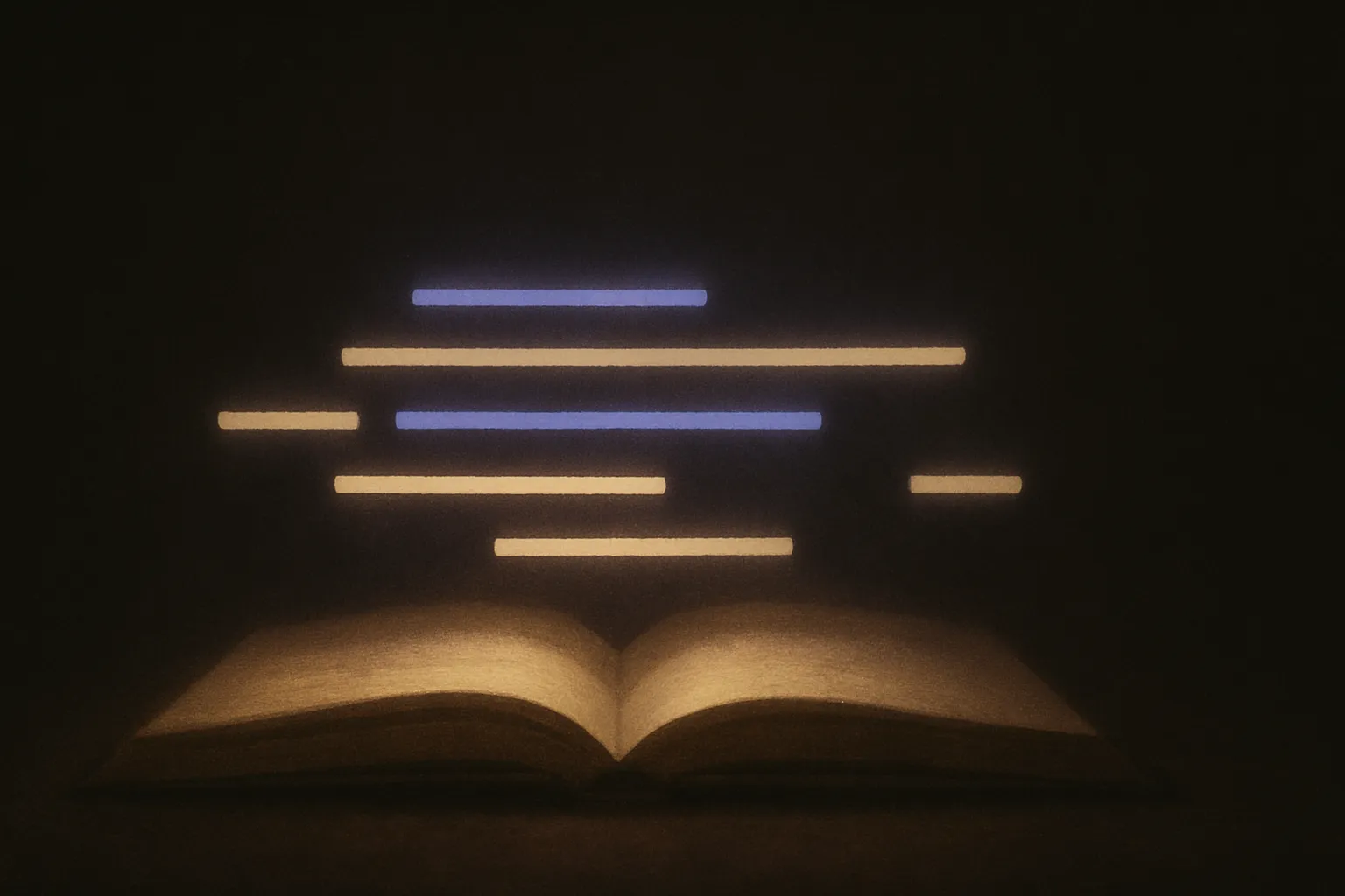 Glowing horizontal bars of widely varying lengths floating over a dark book page — a visualization of sentence-length rhythm.