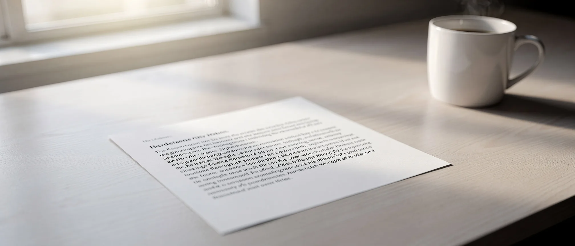 A printed manuscript page on a bright wooden desk showing a visual pattern of alternating short and long text lines, beside a blurred coffee mug in soft morning light.